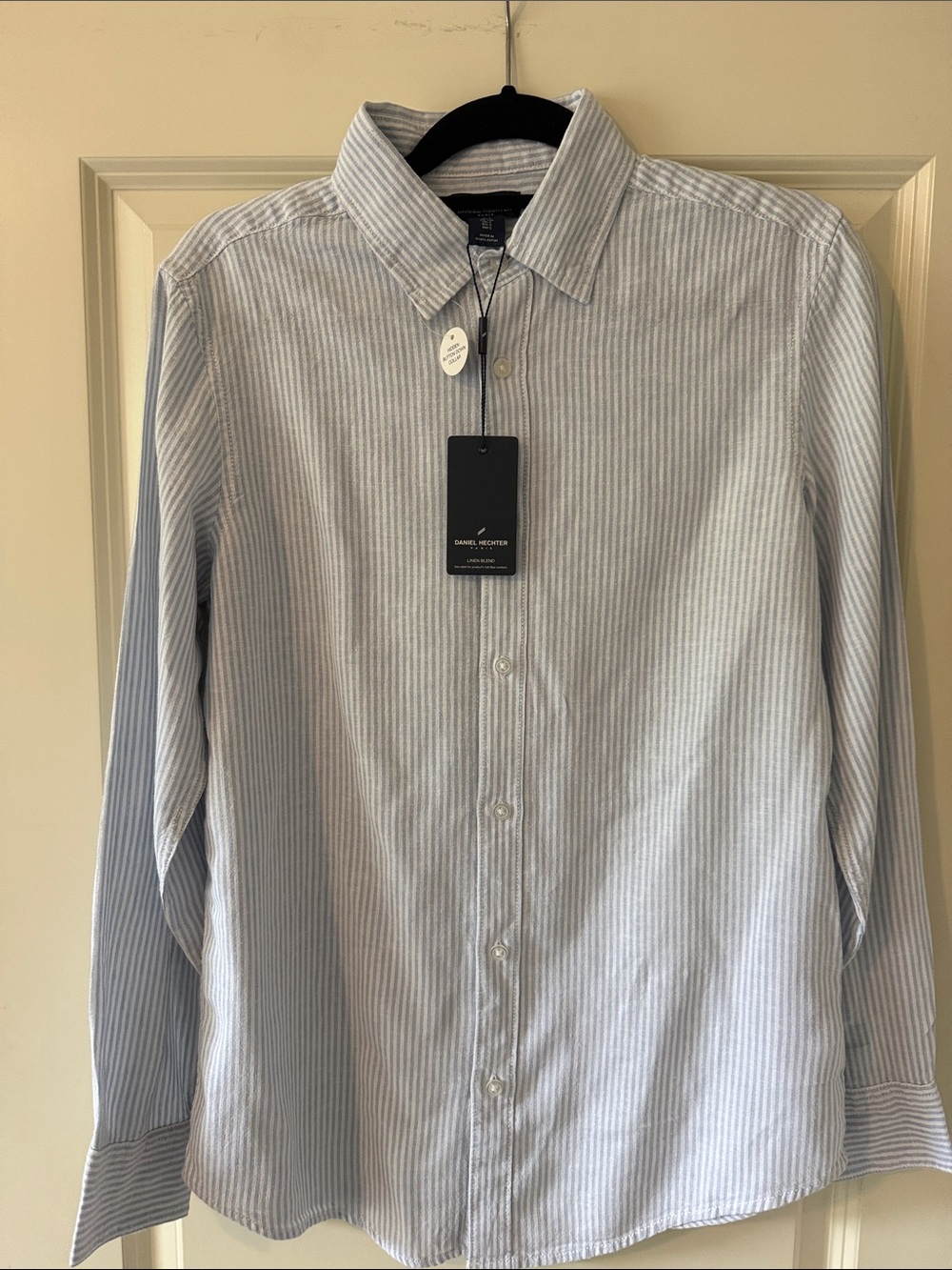 New Daniel Hechter Men's Blue and White Stripe Linen-Blend Button-Down Shirt S - Picture 2 of 5